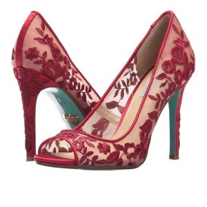 Adley Red Embroidered Peep Toe Heels